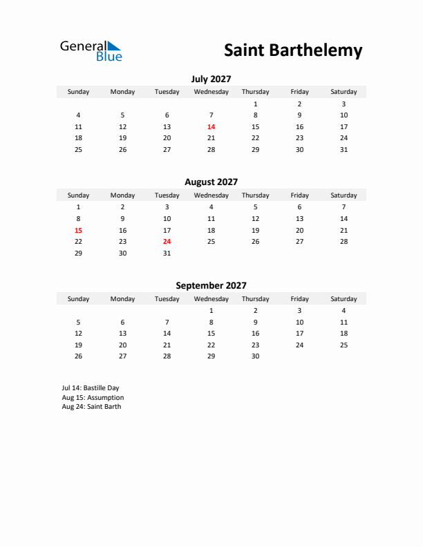 Printable Quarterly Calendar with Notes and Saint Barthelemy Holidays- Q3 of 2027