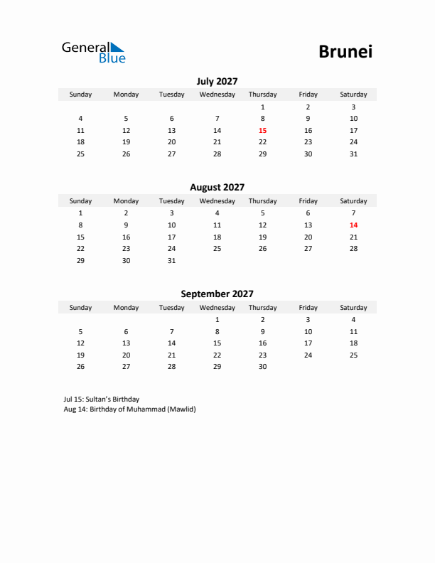 Printable Quarterly Calendar with Notes and Brunei Holidays- Q3 of 2027