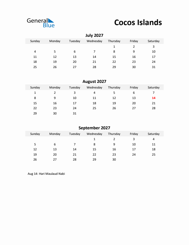 Printable Quarterly Calendar with Notes and Cocos Islands Holidays- Q3 of 2027