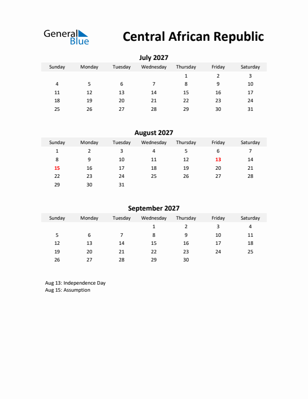 Printable Quarterly Calendar with Notes and Central African Republic Holidays- Q3 of 2027