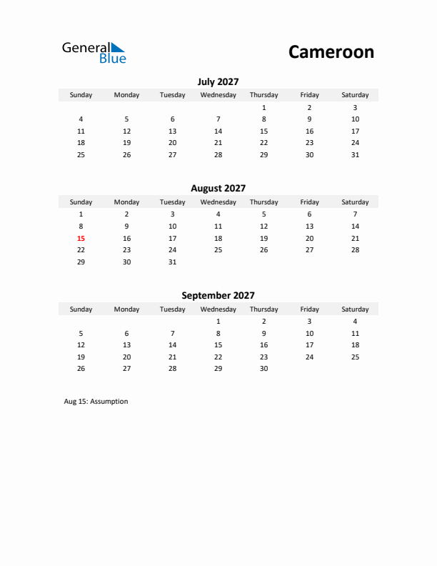 Printable Quarterly Calendar with Notes and Cameroon Holidays- Q3 of 2027