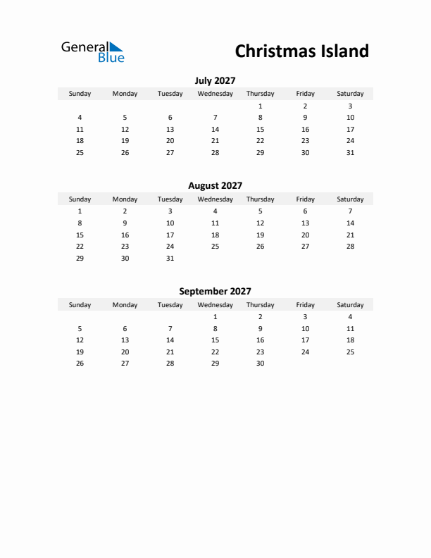 Printable Quarterly Calendar with Notes and Christmas Island Holidays- Q3 of 2027