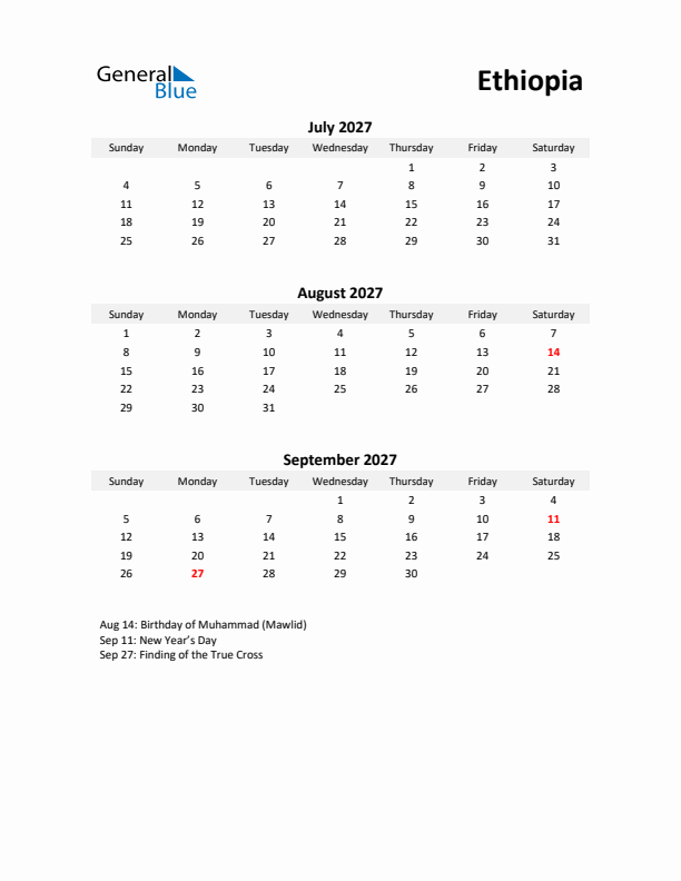 Printable Quarterly Calendar with Notes and Ethiopia Holidays- Q3 of 2027