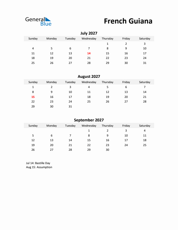 Printable Quarterly Calendar with Notes and French Guiana Holidays- Q3 of 2027