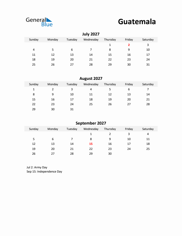 Printable Quarterly Calendar with Notes and Guatemala Holidays- Q3 of 2027