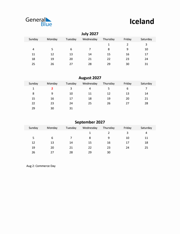 Printable Quarterly Calendar with Notes and Iceland Holidays- Q3 of 2027