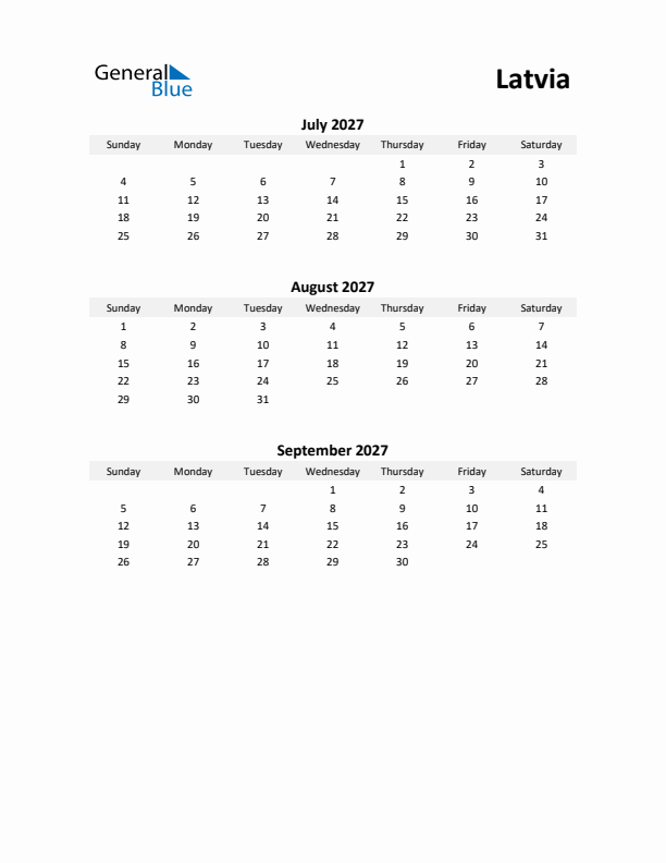 Printable Quarterly Calendar with Notes and Latvia Holidays- Q3 of 2027