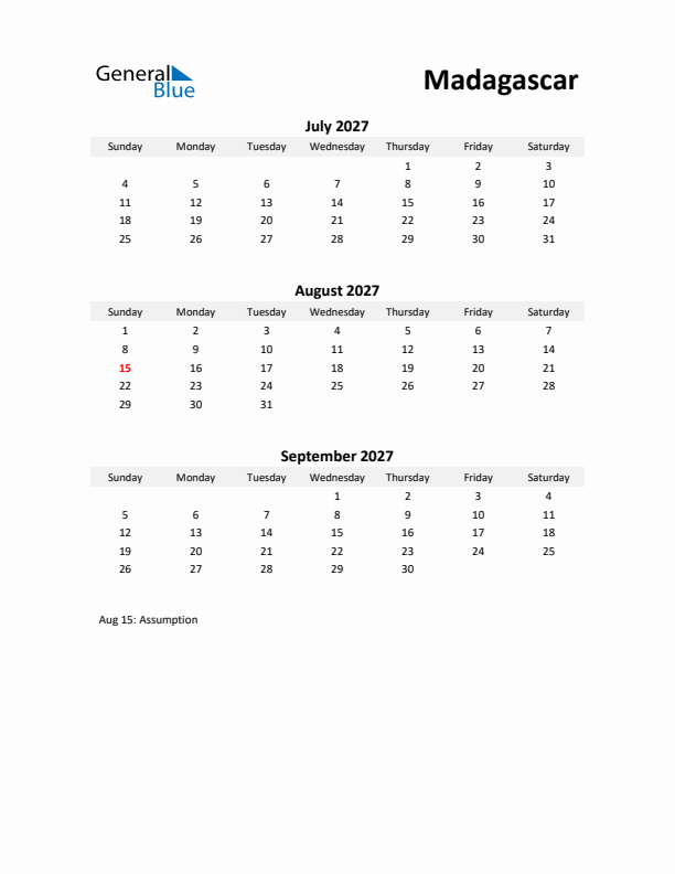 Printable Quarterly Calendar with Notes and Madagascar Holidays- Q3 of 2027