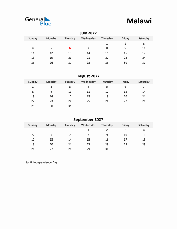 Printable Quarterly Calendar with Notes and Malawi Holidays- Q3 of 2027