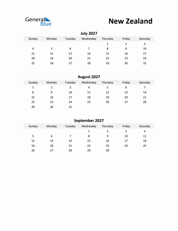 Printable Quarterly Calendar with Notes and New Zealand Holidays- Q3 of 2027