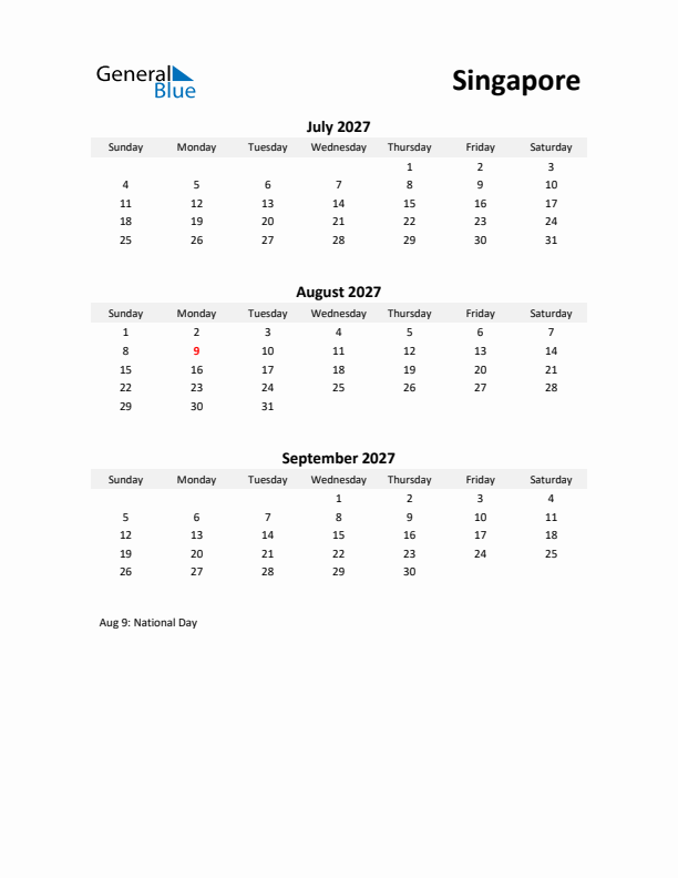 Printable Quarterly Calendar with Notes and Singapore Holidays- Q3 of 2027