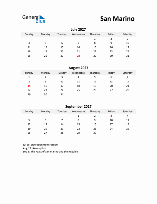 Printable Quarterly Calendar with Notes and San Marino Holidays- Q3 of 2027