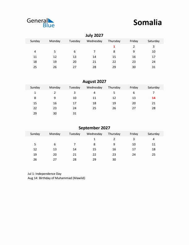 Printable Quarterly Calendar with Notes and Somalia Holidays- Q3 of 2027