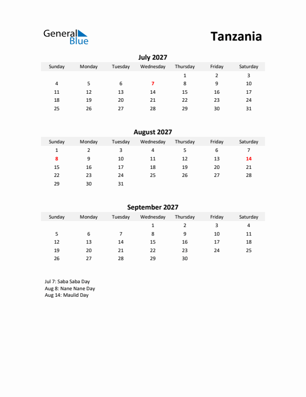 Printable Quarterly Calendar with Notes and Tanzania Holidays- Q3 of 2027