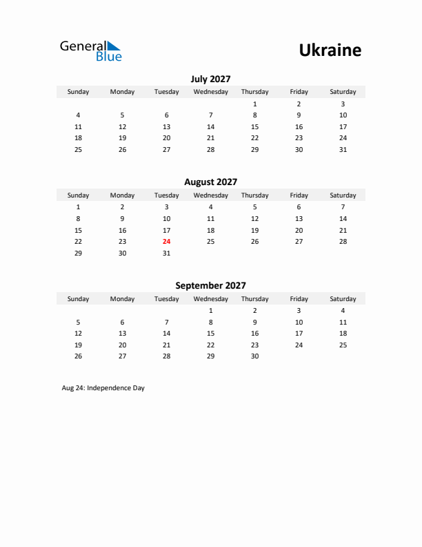 Printable Quarterly Calendar with Notes and Ukraine Holidays- Q3 of 2027