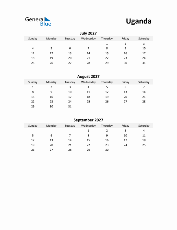 Printable Quarterly Calendar with Notes and Uganda Holidays- Q3 of 2027
