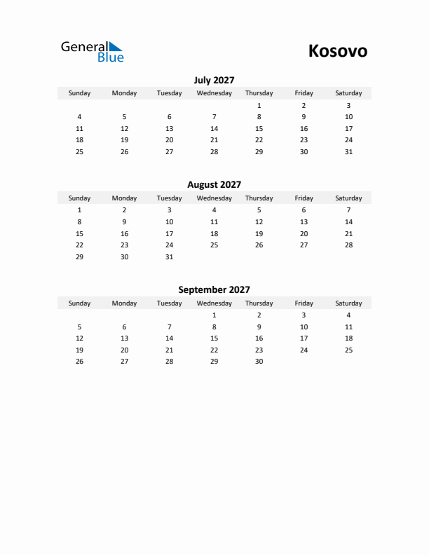 Printable Quarterly Calendar with Notes and Kosovo Holidays- Q3 of 2027