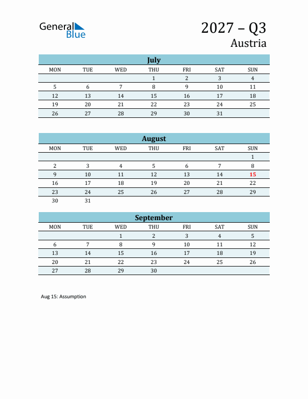 Three-Month Planner for Q3 2027 with Holidays - Austria