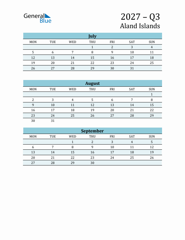 Three-Month Planner for Q3 2027 with Holidays - Aland Islands