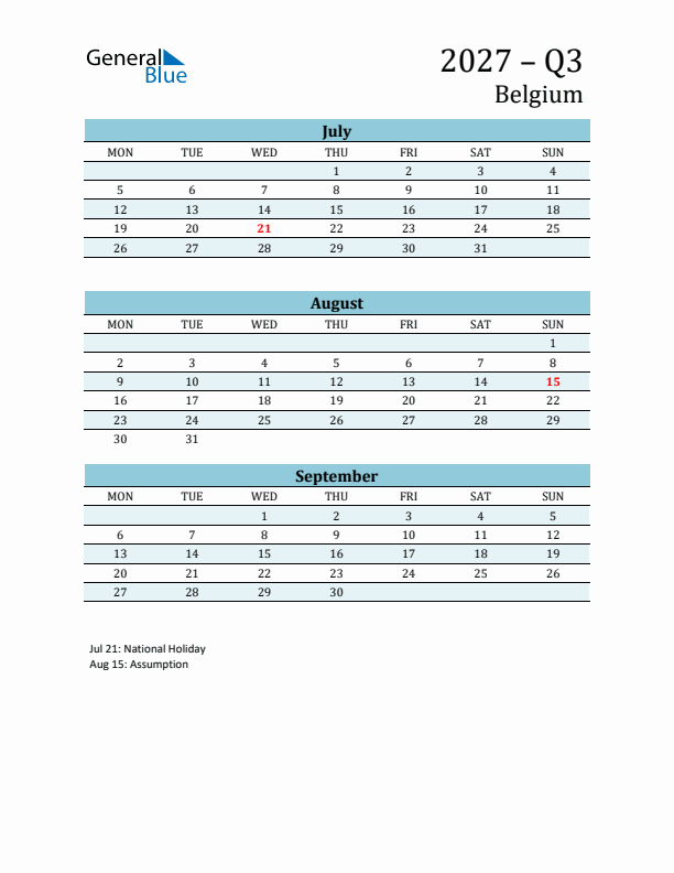 Three-Month Planner for Q3 2027 with Holidays - Belgium