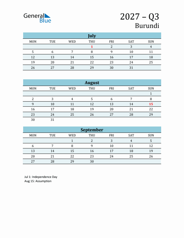 Three-Month Planner for Q3 2027 with Holidays - Burundi