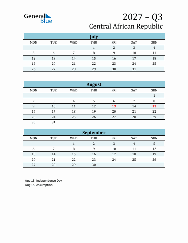 Three-Month Planner for Q3 2027 with Holidays - Central African Republic