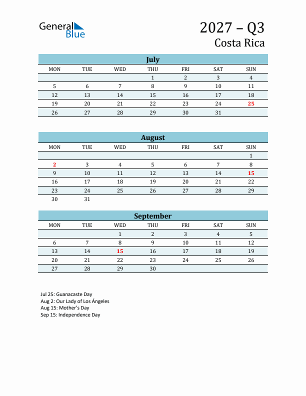 Three-Month Planner for Q3 2027 with Holidays - Costa Rica