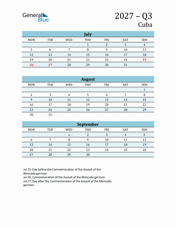 Three-Month Planner for Q3 2027 with Holidays - Cuba