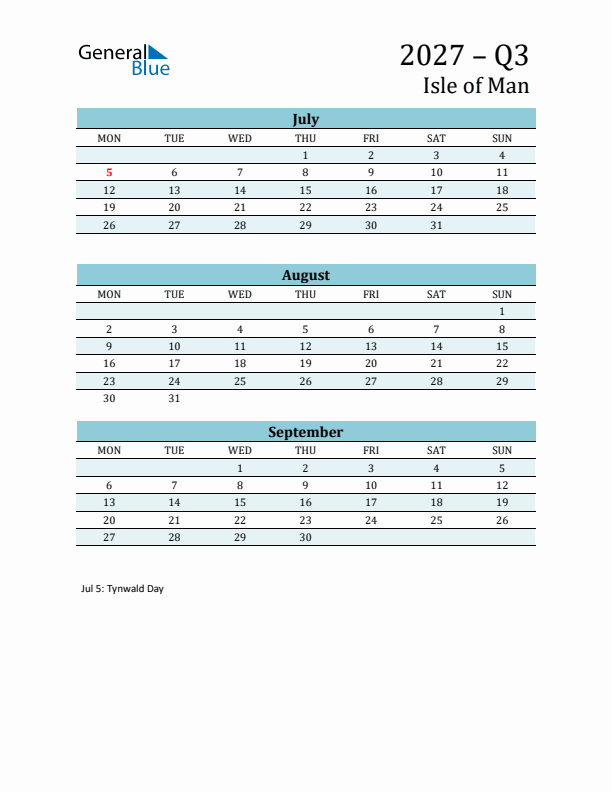 Three-Month Planner for Q3 2027 with Holidays - Isle of Man