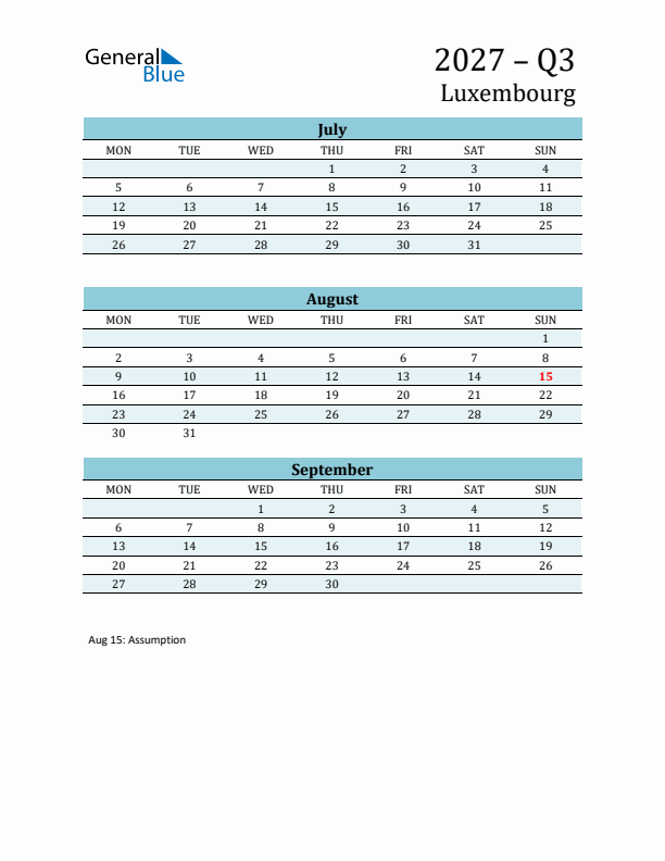 Three-Month Planner for Q3 2027 with Holidays - Luxembourg