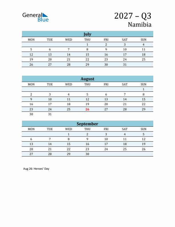 Three-Month Planner for Q3 2027 with Holidays - Namibia