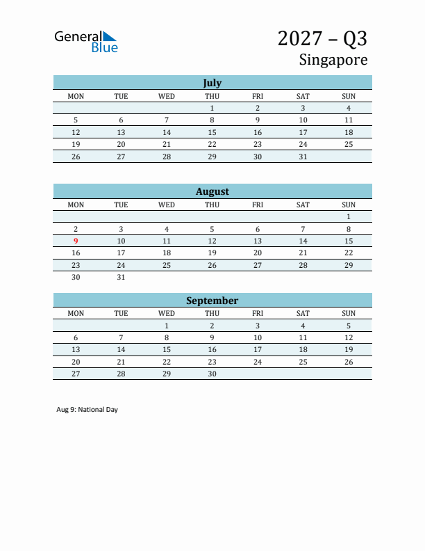 Three-Month Planner for Q3 2027 with Holidays - Singapore