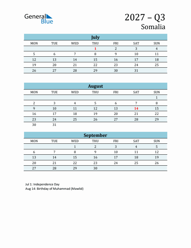 Three-Month Planner for Q3 2027 with Holidays - Somalia