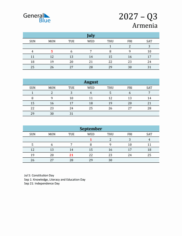 Three-Month Planner for Q3 2027 with Holidays - Armenia