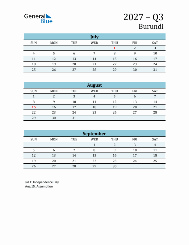 Three-Month Planner for Q3 2027 with Holidays - Burundi