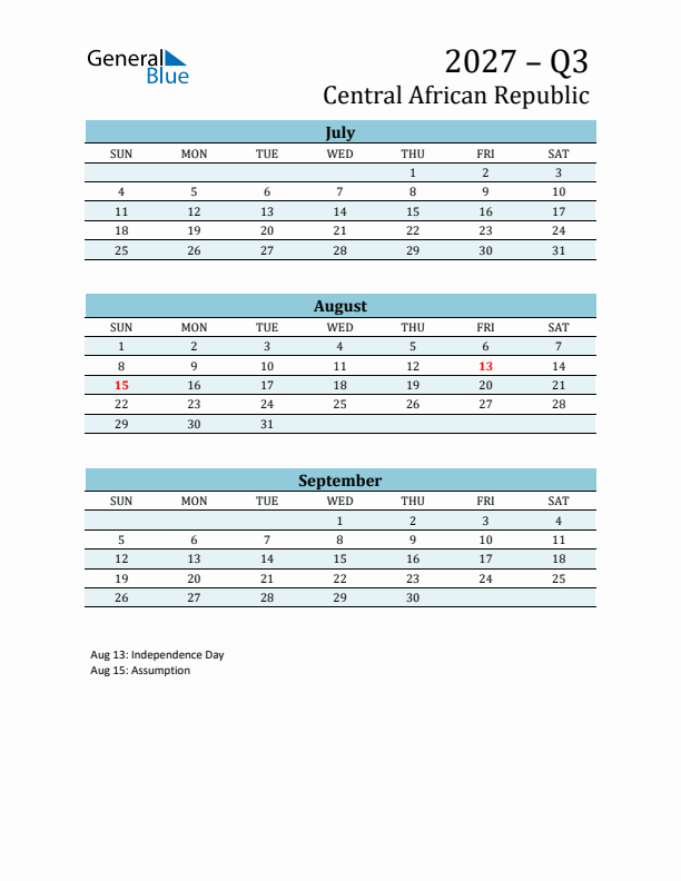 Three-Month Planner for Q3 2027 with Holidays - Central African Republic