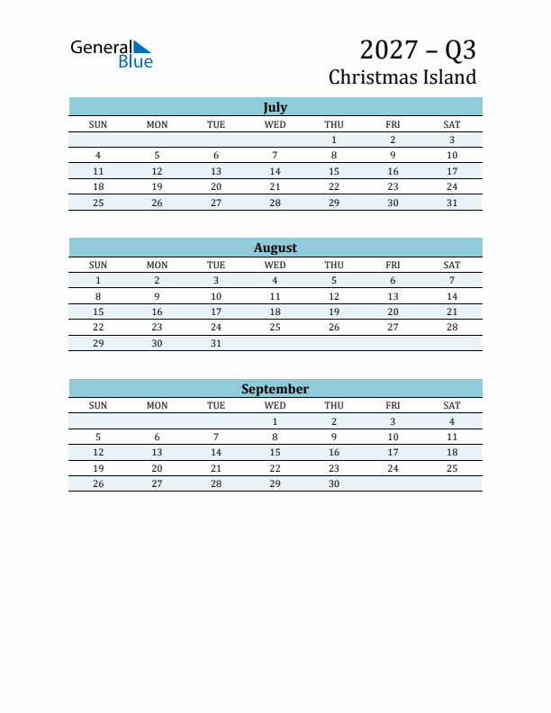 Three-Month Planner for Q3 2027 with Holidays - Christmas Island