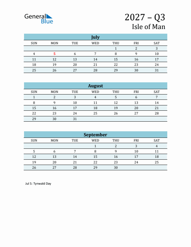 Three-Month Planner for Q3 2027 with Holidays - Isle of Man