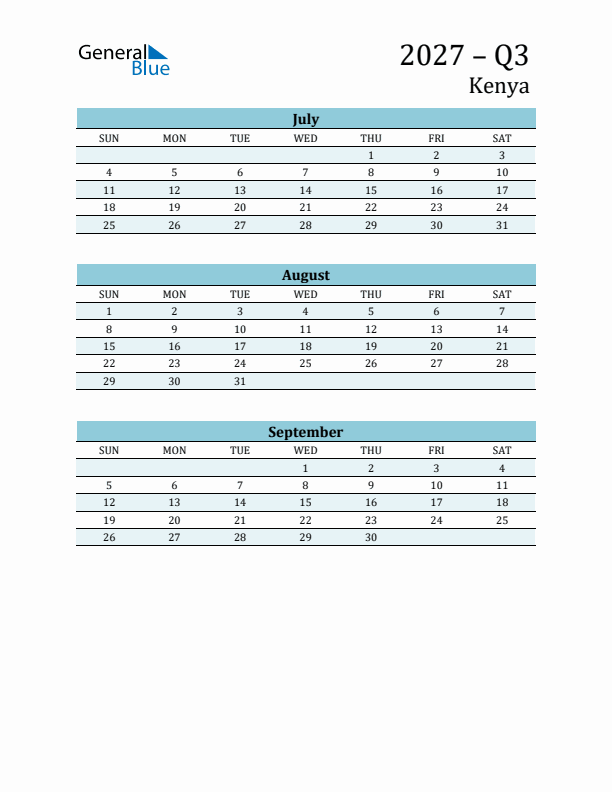 Three-Month Planner for Q3 2027 with Holidays - Kenya