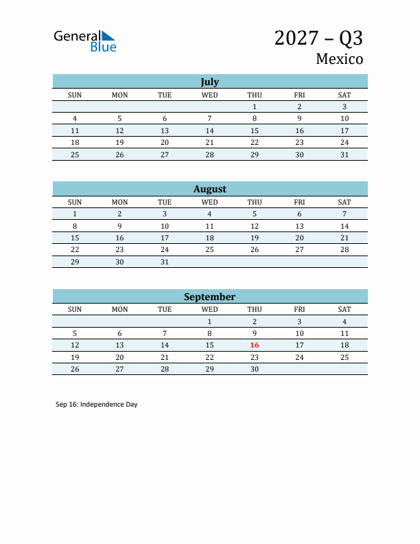 Three-Month Planner for Q3 2027 with Holidays - Mexico