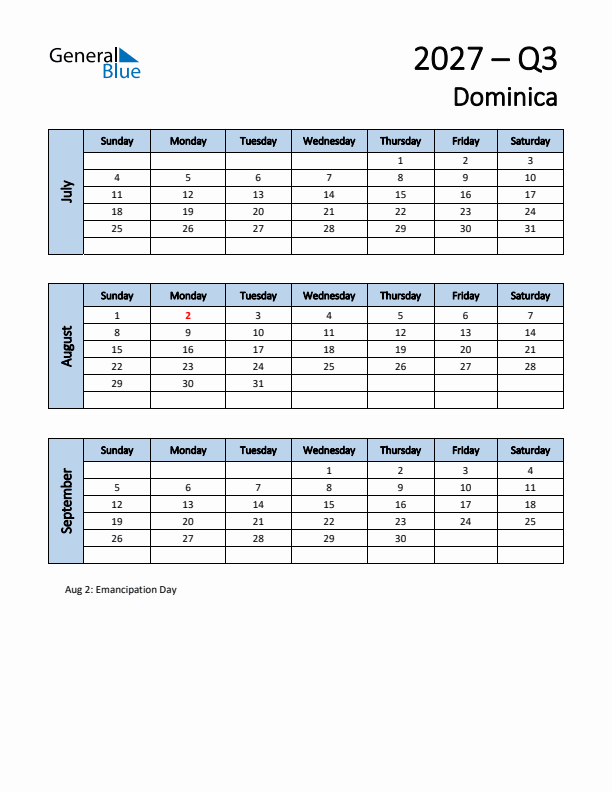 Free Q3 2027 Calendar for Dominica - Sunday Start