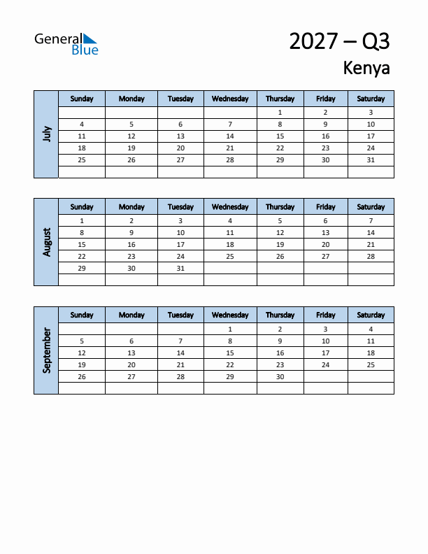 Free Q3 2027 Calendar for Kenya - Sunday Start