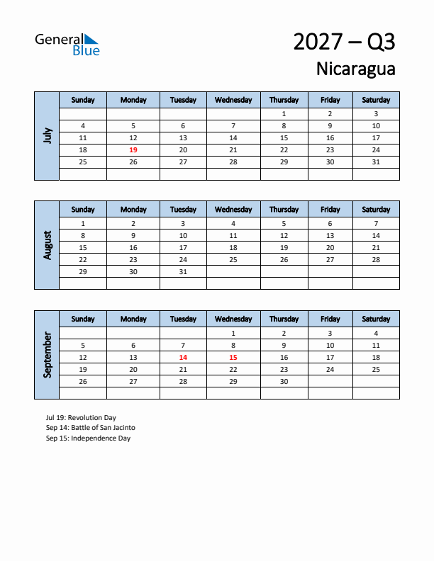 Free Q3 2027 Calendar for Nicaragua - Sunday Start