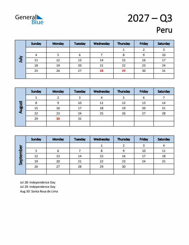 Free Q3 2027 Calendar for Peru - Sunday Start