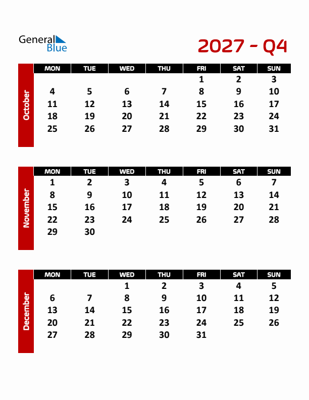 Editable Quarterly Calendar (Monday Start)