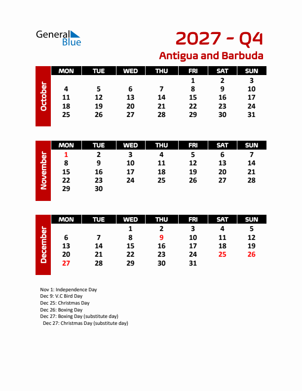 Q4 2027 Calendar with Holidays in Antigua and Barbuda