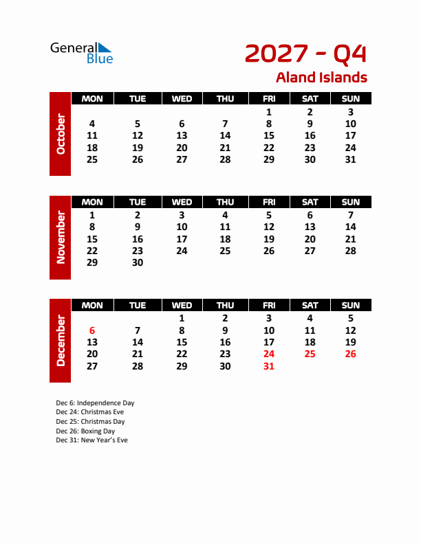 Q4 2027 Calendar with Holidays in Aland Islands