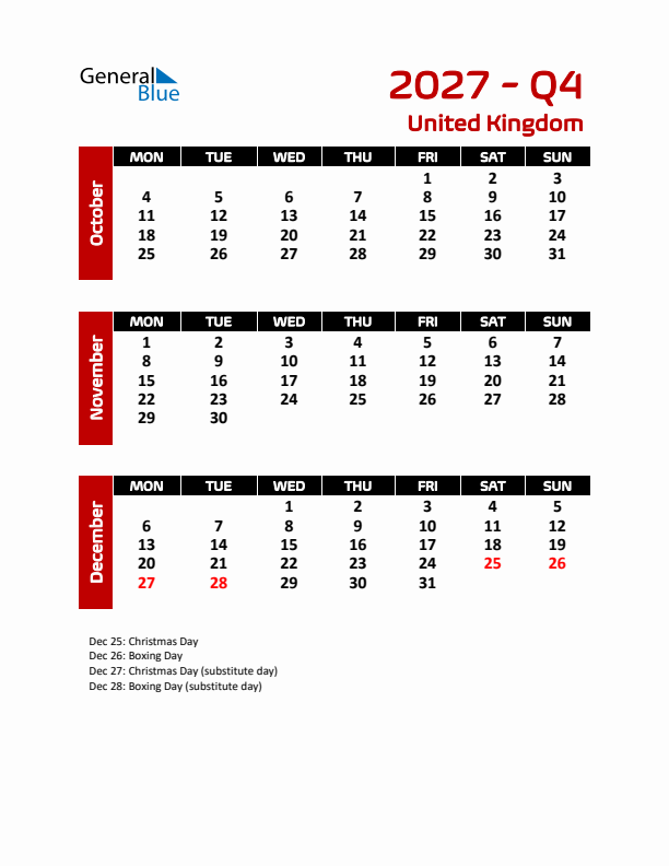 Q4 2027 Calendar with Holidays in United Kingdom