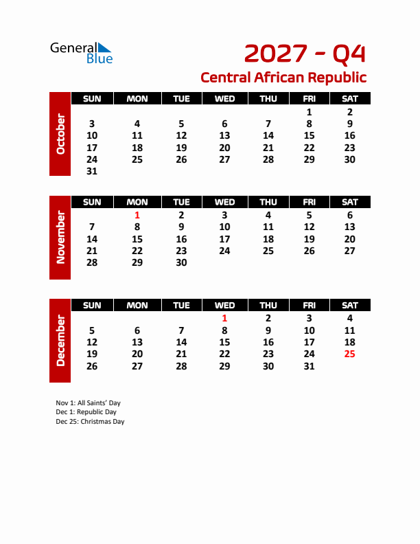 Q4 2027 Calendar with Holidays in Central African Republic