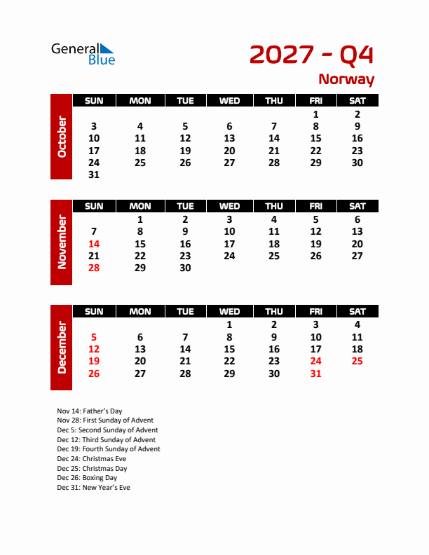 Q4 2027 Calendar with Holidays in Norway